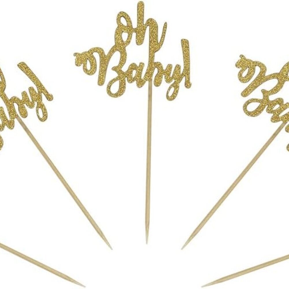 24 Gold Glitter Oh Baby Cake Cupcake Toppers Picks for Wedding Birthday Baby Sho